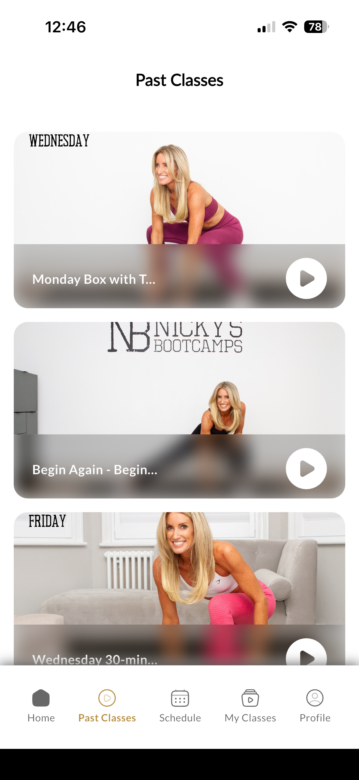Nicky's Bootcamp app — Past Classes